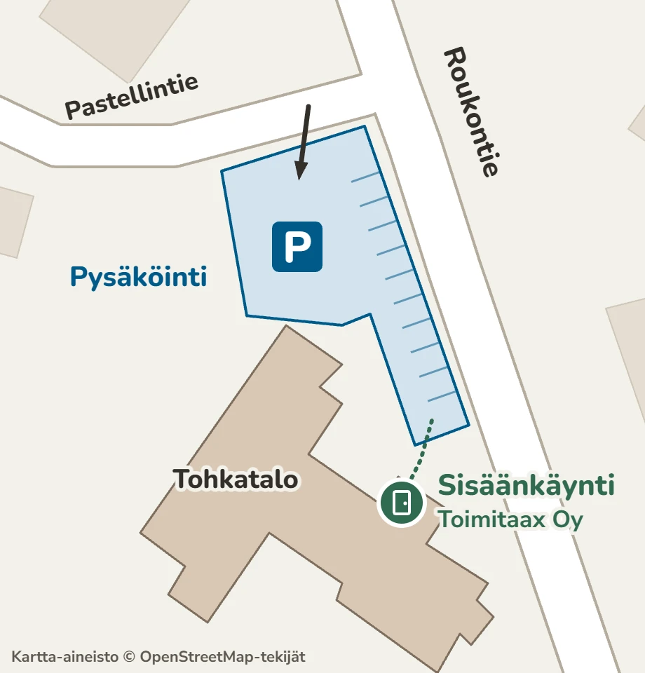Piirroskartta: pysäköintialue on Pastellintien ja Roukontien risteyksen kulmassa Tohkatalon ja Roukontien välissä. Sisäänkäynti on pysäköintialueen eteläpäässä rakennuksen puolella.